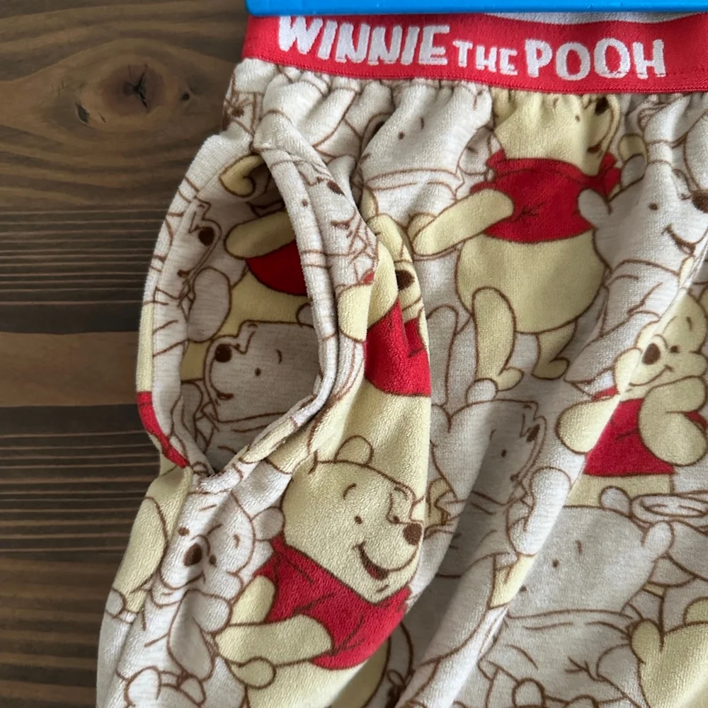 Womens Winnie the Pooh Pajama Pants S Cozy Cute Lounge Beige Red Disney - Picture 4 of 8